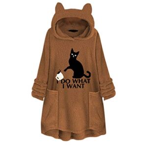 TWGONE Cat Ear Hoodie, I Do What I Want Cat Shirt Women Fleece Embroidery Plus Size Hooded Pocket Top Sweater Blouse(XXX-Large,Yellow)