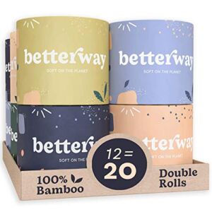 Betterway Bamboo Toilet Paper 3 PLY – Eco Friendly, Sustainable Toilet Tissue – 12 Double Rolls & 360 Sheets Per Roll – Septic Safe – Organic, Plastic Free, Compostable & Biodegradable – FSC Certified