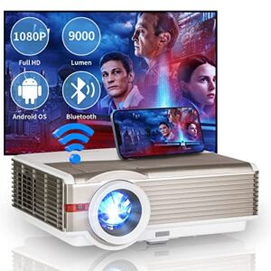 Smart Full HD WiFi Projector for Phone, Wireless 1080P Outdoor Movie Projector with Bluetooth & HiFi Speaker, 9000LM Indoor Home Theater Android Projector with HDMI USB VGA for Laptop TV Stick DVD PC