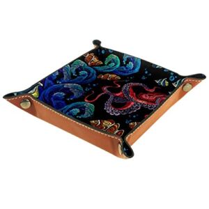 Lyetny Embroidery Red Octopus Sea Wave and Tropical Fishes Pattern Travel Valet Tray Bedside Organizer Storage Box Jewelry Holder for Key Wallet Coin Box,20.5×20.5cm