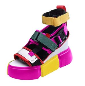 Colorblock Platform Sandals Summer Fashion Comfortable Ankle Strap Outdoor Sandals Open Toe Blocks Wedges Casual Shoes for Women Pink