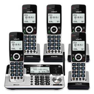 VTech VS113-5 Extended Range 5 Handset Cordless Phone for Home with Call Blocking, Connect to Cell Bluetooth, 2″ Backlit Screen, Big Buttons, and Answering System, Silver & Black