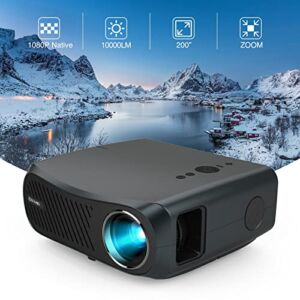 Native 1080P Projector Home Cinema, 200″ LED Video Gaming Projector with HDMI USB for iOS Android Phone Laptop PC TV Stick DVD, 10000LM Indoor Outdoor Movie Projector with HiFi Speaker & Digital Zoom