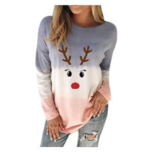 FUNEY Christmas Pattern Printed O-Neck Loose Long Sleeves Tops Blouse Casual Gradient Pullover Sweatshirt for Women Blue