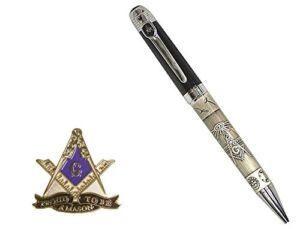 Beautiful Masonic Ball Point Ink Pen with embossed Masonic symbols on barrel and black cap, and a free Proud to Be a Mason One Inch Lapel Pin