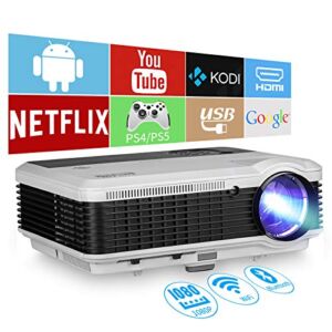 EUG LCD Wireless WiFi HD Projector WXGA Native 6000 Lumens, Bluetooth, Android, 1080P Supoport, LED Multimedia Smart Home Projectors Outdoor Movie Entertainment, Compatible with iPhone TV Stick DVD PC