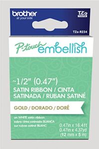 Brother P-touch Embellish Gold Print on White Satin Ribbon TZER234 – ~½” Wide x ~13.1’ Long for use with P-touch Embellish Ribbon & Tape Printer