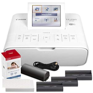 Canon SELPHY CP1300 Compact Photo Printer (White) with WiFi w/Canon Color Ink and Paper Set + Battery