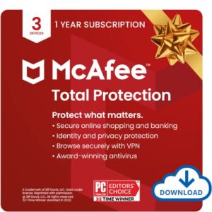 McAfee Total Protection 2022 | 3 Device | Antivirus Internet Security Software | VPN, Password Manager, Dark Web Monitoring | 1 Year Subscription | Download Code
