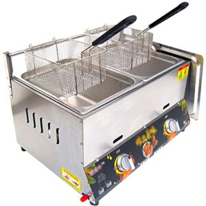 Commercial Gas Fryer 2x8L Double Tank Stainless Steel Potato Chip Desktop Fryer With Lid, Easy To Clean
