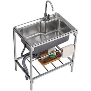 LJJSMG Commercial Stainless Steel Sink – Restaurant Kitchen Prep & Utility Sink with Faucet, Free Standing Stainless-Steel Single Bowl Commercial Restaurant Kitchen Sink Set