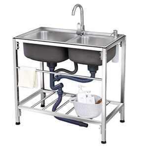 LJJSMG Topmount Kitchen Sink, 31 X 17 X 29 inch Drop-in or Topmount SUS304 Stainless Steel Topmount Kitchen Sink Double Bowl, Hand Sink with Bracket Free Standing Utility Sink