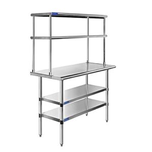 14″ x 24″ Stainless Steel Work Table with Two Shelves and 12″ Wide Double Tier Overshelf | Metal Kitchen Prep Table & Shelving Combo