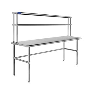30″ x 72″ Open Base Stainless Steel Work Table with 12″ Wide Double Tier Overshelf | Metal Kitchen Prep Table & Shelving Combo