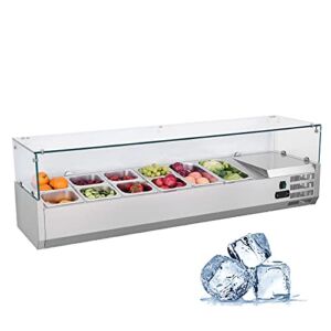 Commercial 63” Countertop Refrigerated Condiment Prep Station with Rectangular Glass Cover – Sandwich/Salad Bar Refrigerator Prep Station Includes Three 1/3 Pans+ Eight 1/6 Pans (Customizable)