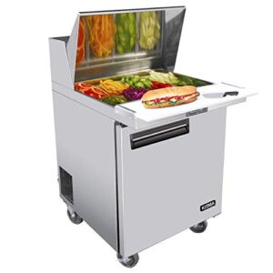 KITMA Single Door 28 Inches Sandwich Prep Cooler – 7.15 Cu. Ft Stainless Steel Salad Prep Station Table Refrigerator with Cutting Board and Pans, 33 °F – 38°F