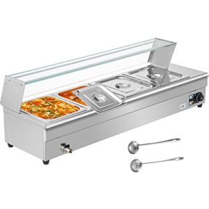 VEVOR Commercial Food Warmer, 4 x 1/2 Pans, 44 Qt Electric Bain Marie with 6″ Deep Pans, Stainless Steel Steam Table with Tempered Glass Shield, 1500W Countertop Buffet Warmer with Lids & Ladles, 110V