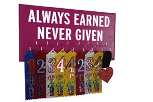 Race bib and Medal Display – Always Earned Never Given – Medal Holder – Medal Hanger – Medal Display Rack – Hooks for Sport Medal – Athletic Gift for Men – Running Accessories (Hot Pink Medium)