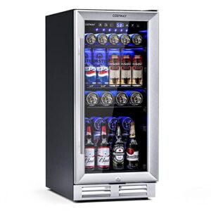 COSTWAY Beverage Refrigerator, 100 Cans Mini Drink Fridge with Double-Layer Tempered Glass Door, Adjustable Shelves, Interior Light, Circulating Cooling System, Soda Beer Wine Beverage Cooler for Bar Kitchen