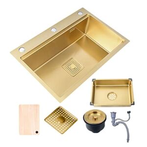 304 Stainless Steel Kitchen Sink Golden RV Sink Single Bowl Bar Prep Kitchen Washbasin Multifunctional Pull Out Faucet Drop In Or Undermount 68x46x22cm