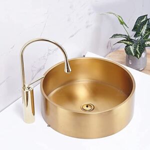 Bar Counter Single Bowl Sink Golden Round Stainless Steel Basin Bathroom Container Copper Faucet and Installation Kit Suitable for Home or Bar
