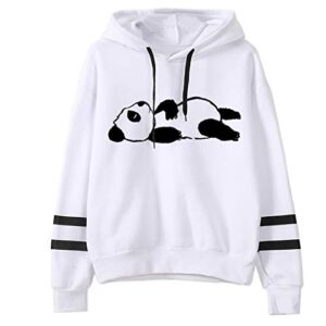 HUALIYA Woman Panda Print Cute Hooded Sweatshirt Long Sleeve Casual Pullover Drawstring Hoodies Sports Jumper for Teen Girls (White, S)
