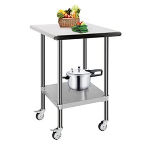 MYOYAY Stainless Steel Prep Table with Wheels 24 x 24 x 36 Inches NSF Metal Commercial Table with Adjustable Under Shelf Heavy Duty Work Table Commercial Kitchen Restaurant Business
