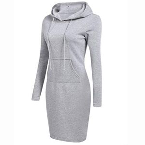 HUALIYA Womens Solid Drawstring Hoodie Dress Long Sleeve Slim Casual Dresses Kangaroo Pocket Pullover Sweatshirt Dress (Gray, M)