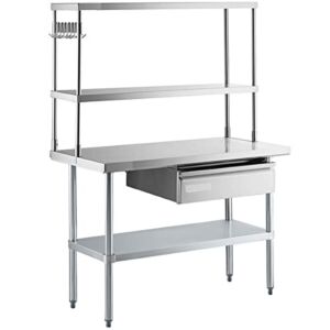 24″ x 48″ 18-Gauge 304 Stainless Steel Commercial Work Table with Undershelf and Overshelf, Drawer, and Pot Rack. Kitchen Table Work Table Stainless Steel Table Table for Kitchen Metal Table