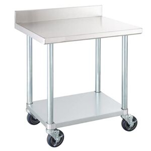 24″ x 30″ 18-Gauge 304 Stainless Steel Commercial Work Table with 4″ Backsplash, Galvanized Legs, Undershelf, and Casters. Kitchen Table Work Table Stainless Steel Table Table for Kitchen Metal Table