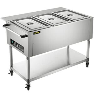 VEVOR Commercial Electric Food Warmer, 3-Pot Steam Table Food Warmer 0-100℃ w/ 2 Lockable Wheels, Professional Stainless Steel Material with ETL Certification for Catering and Restaurants