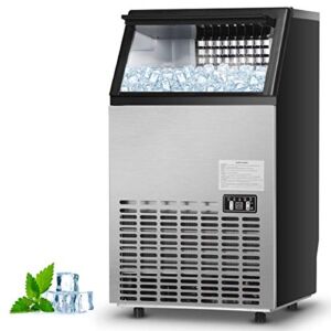 Costzon Commercial Ice Maker Machine, 110LBS/24H Built-in Stainless Steel Ice Maker w/33LBS Storage Capacity, Free-Standing Ice Machine for Home, Restaurant, Coffee, Bar w/Ice Shovel, Hose (Silver)
