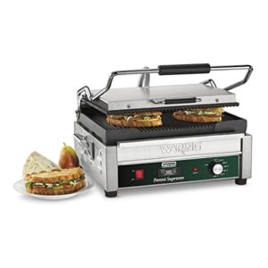 Waring Commercial WPG250T Panini Supremo Large Ribbed Panini Grill, With 20 Minute Countdown Timer, 120V, 1800W, 5-15 Phase Plug