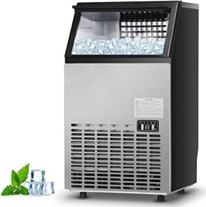 Simoe Commercial Ice Maker Machine, 110LBS/24H Stainless Steel Freestanding Ice Machine with 33lbs Ice Storage Capacity and Ice Scoop, Suitable for Bar, Office, Restaurant, Home