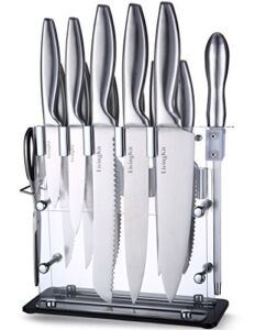 LivingKit Knife Set 14 Piece Kitchen Knives Chef Bread Carving Utility Paring Steak Knife Scissors Sharpener and Acrylic Stand Block