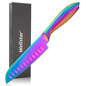 Santoku Knife 5 Inch WELLSTAR, Super Sharp German Steel Kitchen Cooking Knife with Comfortable Handle and Rainbow Coating for Slicing Dicing and Mincing of Meat Vegetables and Fruits for Small Hand