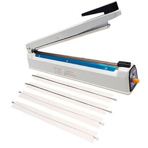 Impulse Sealer 12 Inch Heat Sealer for Plastic Bags, Mylar Bag Sealer Heat Seal, Iron Metal Shell Manual Impulse Sealer Machine, Poly Bag Sealer Hot Sealing, 4 Replacement Parts (2 Cutting Lines Included)
