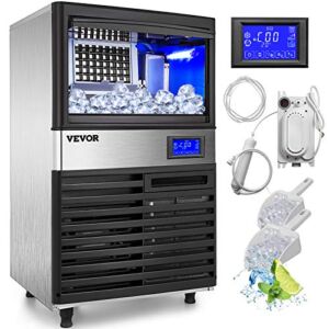 VEVOR 110V Commercial ice Maker Machine 155LBS/24H with 39LBS Bin and Electric Water Drain Pump, Stainless Steel Ice Machine, Auto Operation, Include Water Filter 2 Scoops and Connection Hose