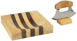 Alaska Ulu Knife Set Curved Knife with Wood Handle plus Chopping Board Mezzaluna Made in Alaska USA Ulu Factory
