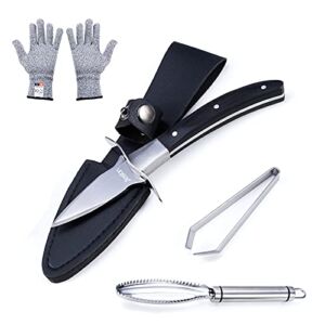 Jeslon Oyster Knife Set, Oyster Shucking Knives-Fish Scaler Remover-Slant Fish Bone Tweezers and Level 5 Protection Glove, Suitable for Oysters Lover, Much Safer Than Kitchen Knife