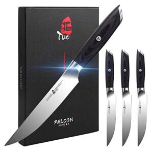 TUO Steak Knife Set – 5 inch Kitchen Steak Knife Set 4 – German HC Steel Kitchen Table Dinner Knife – Full Tang Pakkawood Handle – Falcon Series with Gift Box