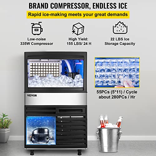 VEVOR 110V Commercial Ice Maker Machine 155LBS/24H with 39LBS Bin, LED Panel, Stainless Steel, Auto Clean, Include Water Filter, Scoop, Connection Hose, Professional Refrigeration Equipment | The Storepaperoomates Retail Market - Fast Affordable Shopping