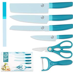 Fukep Knife Set, Kitchen Knife Set of 6 PCS, Non-stick Chef Knife Set with Scissors and Peeler, Blue Style Knife Set