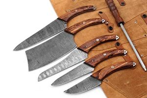 Zombie 06 Pcs Custom Hand Made Damascus Steel Professional Utility Kitchen knives Set Comes with Sweet Leather Roll Kit (AH-6004-Rosewood)