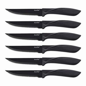 dearithe Steak knives set of 6, Black Serrated Stainless Steel Sharp Blade Flatware Steak Knife Set, 4.5 Inches ,Non stick coating for Anti-rusting, for Restaurant Tableware Kitchen Camping