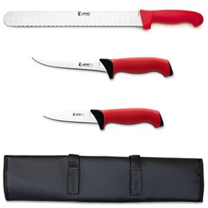 Jero 4 Piece Smoked Meat And Grilling Knife Set – Jero Exclusive Wide Blade Granton Edge Slicer – 6″ Boning Knife – 4″ Utility Knife – Comes with Knife Roll – Made in Portugal