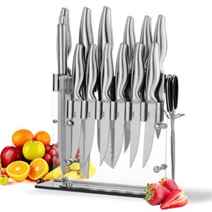 Silver Knife Set, Kittfe 15 Pieces Chef Knife Set with Acrylic Stand High Carbon Stainless Steel Knife Block Set for Kitchen Gadgets Knives Set, Scissors, Knife Sharpener
