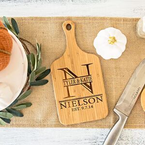 Personalized Cutting Board Wedding Gift for the Couple – Custom Cutting Board Wood Engraved (5″ x 11″ Bamboo with Handle, Nielson Design) – Closing Gift for Home Buyers