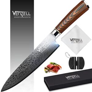 Venzell Kitchen Knife, Handmade 8 inch Chef Knife,67-layer Damascus Stainless Steel Cooking Knife,HRC60±2 Professional Sharp Chopping Knife,Meat Knife with Ergonomic PAKKA Wood Handle,Household Knife
