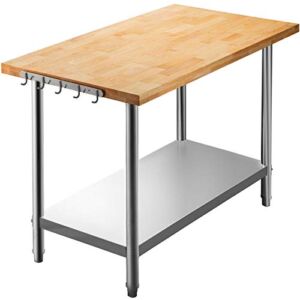 VEVOR Maple Top Work Table, 36×30 Inches, Stainless Steel Wood Kitchen Prep Table with 937 LBS Load Bearing, Kitchen Island Table with Lower Shelf and Adjustable Feet, Outdoor Prep Table for Kitchen